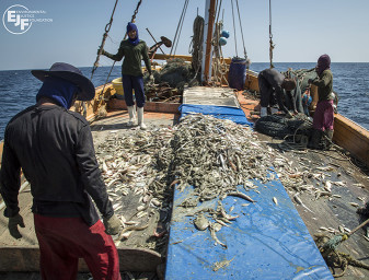 Fishermen on a boat, as seen during the Environmental Justice Foundation's investigation into human trafficking in Thailand's fishing industry in 2014. Photo courtesy of EJF