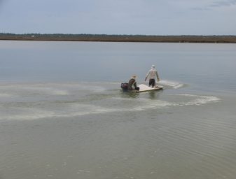 Lime applications to low pH and alkalinity and acidic bottom soils is a common management measure against possible adverse effects of iron. Photo by Darryl Jory.