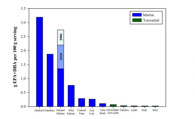 : Comparison between the levels of EPA + DHA (g.100 g−1) in Scottish farmed Atlantic salmon compared to other fish species (blue) and land animals (green). Stacked bars for farmed Scottish salmon indicate the decline in EPA and DHA levels for 2006, 2010 and 2015, respectively. All samples are based on duplicate analysis and analyzed in 2014/15, with exception to wild salmon (Pacific species, n = 21) and Scottish farmed Atlantic salmon (n = 106, 85 and 687 for 2006, 2010 and 2015 respectively). Refer to methodology for further information on species sampled.
